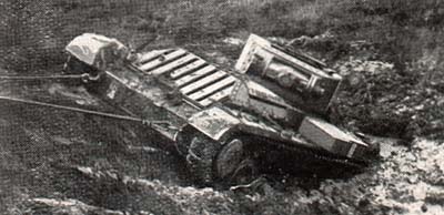 Scammel tractor recovering bogged Valentine tank